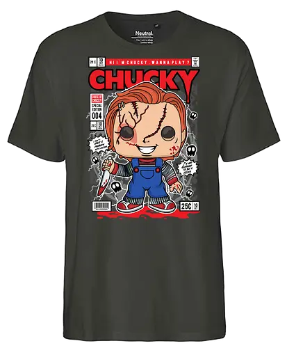 Chucky – Killer Doll - chucky, horror doll, killer doll, childs play, horror movie, funko style, chibi horror, creepy cute, spooky doll, pop figure style, horror icon, collectible design, scary cute, slasher character, stylized horror - Fairtrade T-Shirt