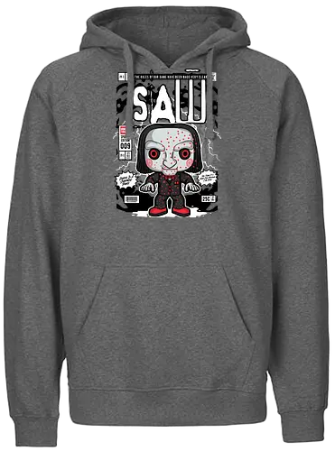 Saw – Jigsaw Killer - saw movie, jigsaw, horror villain, billy puppet, horror film, dark thriller, funko style, chibi horror, pop figure style, stylized character, collectible design, creepy doll, scary cute, horror icon, spooky aesthetic - Fairtrade Hoodie