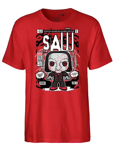 Saw – Jigsaw Killer - saw movie, jigsaw, horror villain, billy puppet, horror film, dark thriller, funko style, chibi horror, pop figure style, stylized character, collectible design, creepy doll, scary cute, horror icon, spooky aesthetic - Fairtrade T-Shirt