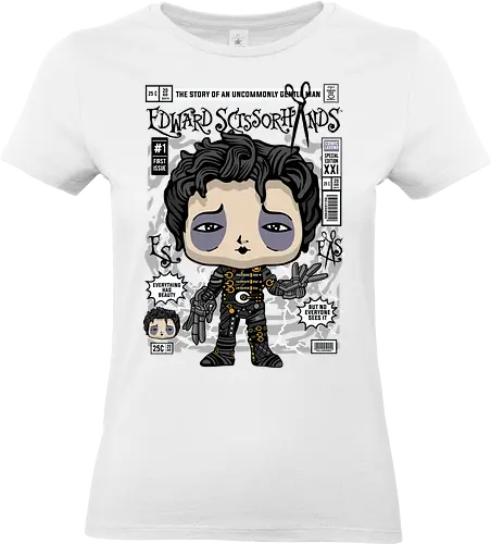 Edward Scissorhands – Gentle Soul - edward scissorhands, gothic character, dark fantasy film, tim burton style, scissor hands, movie character, funko style, chibi gothic, pop figure style, stylized character, collectible design, sad aesthetic, fantasy romance, cute dark, iconic film - Standard T-Shirt (Frauen)