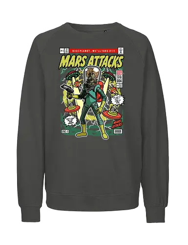 Mars Attacks – Alien Invader - mars attacks, alien invaders, sci fi comedy, retro aliens, cult movie, space invasion, funko style, chibi alien, pop figure style, stylized character, collectible design, retro sci fi, funny alien, space aesthetic, cute weird - Fairtrade Sweatshirt