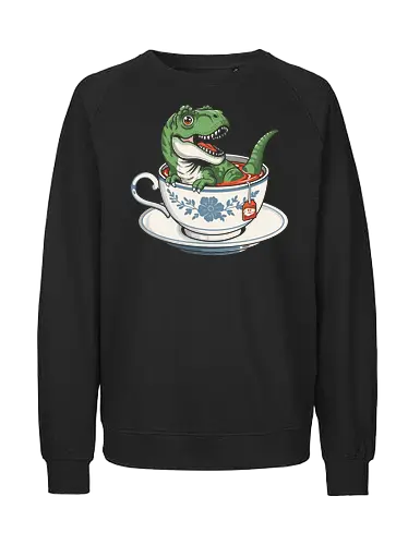Tea Rex - dinosaur, trex, tea, teacup, cute, kawaii, funny, humor, pun, animal, reptile, jurassic, cozy, drink, beverage, coffee, cafe, adorable, cartoon, illustration, playful, aesthetic, vintage, retro, quirky, weird, gift, nerd, geek, fantasy, creatures - Fairtrade Sweatshirt