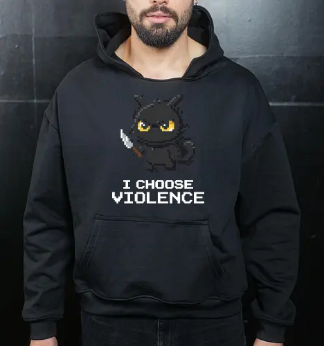 Mad Black Cat with Knife - Retro Pixel Art Horror Kitty