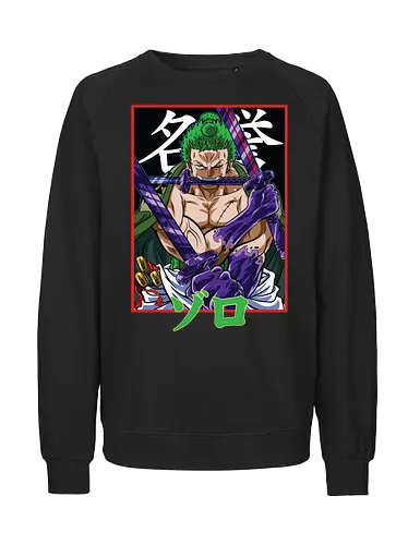 Drei-Klingen-Schwertkämpfer - Roronoa Zoro Shirt, pirate anime, drei Schwerter Santoryu, Geek Kleidung, Otaku Kultur, japanischer Streetwear, Samurai Ästhetik, Nerd Shirt, Geek Geschenk, Kanji Shirt, Zoro Schwertkämpfer, Anime Print - Fairtrade Sweatshirt