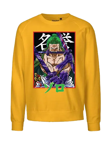 Drei-Klingen-Schwertkämpfer - Roronoa Zoro Shirt, pirate anime, drei Schwerter Santoryu, Geek Kleidung, Otaku Kultur, japanischer Streetwear, Samurai Ästhetik, Nerd Shirt, Geek Geschenk, Kanji Shirt, Zoro Schwertkämpfer, Anime Print - Fairtrade Sweatshirt