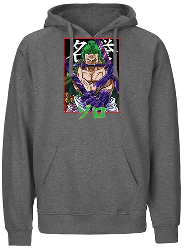 Drei-Klingen-Schwertkämpfer - Roronoa Zoro Shirt, pirate anime, drei Schwerter Santoryu, Geek Kleidung, Otaku Kultur, japanischer Streetwear, Samurai Ästhetik, Nerd Shirt, Geek Geschenk, Kanji Shirt, Zoro Schwertkämpfer, Anime Print - Fairtrade Hoodie