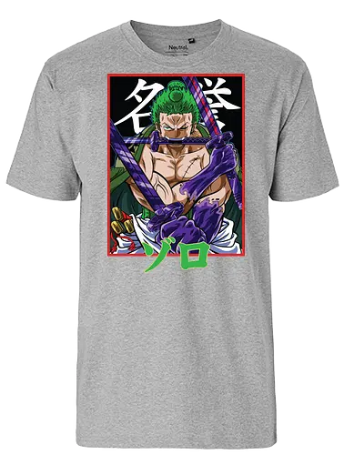 Drei-Klingen-Schwertkämpfer - Roronoa Zoro Shirt, pirate anime, drei Schwerter Santoryu, Geek Kleidung, Otaku Kultur, japanischer Streetwear, Samurai Ästhetik, Nerd Shirt, Geek Geschenk, Kanji Shirt, Zoro Schwertkämpfer, Anime Print - Fairtrade T-Shirt