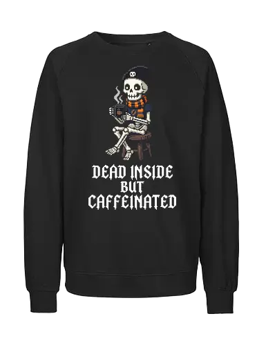 Cozy Coffee Skeleton - Retro Pixel Art Hipster Bones - skeleton, coffee, pixel art, 8-bit, cozy, hipster, beanie, scarf, bones, caffeine, morning person, spooky cute, retro gaming, fall aesthetic, autumn, coffee lover, skull, gift for her, gift for him, gothic, caffeine addict, skeleton art, cafe vibes - Fairtrade Sweatshirt
