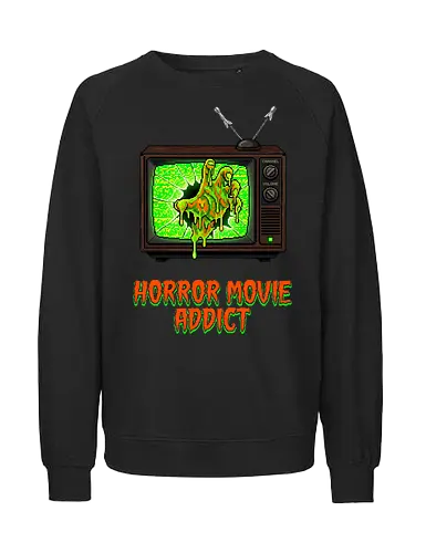 Retro Horror Movie Addict - Slime Zombie TV Pixel Art - horror movie, movie addict, retro tv, pixel art, 8-bit, zombie hand, slime, spooky, scary movie fan, 80s horror, 90s retro, movie buff gift, monster, halloween, horror aesthetic, creepy, glowing green, crt television, horror lover, macabre, Paranormal, creature feature, vintage horror, cinematic horror - Fairtrade Sweatshirt