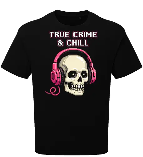 True Crime and Chill - Skull with Pink Headphones Pixel Art