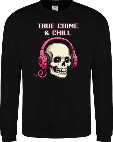 True Crime and Chill - Skull with Pink Headphones Pixel Art