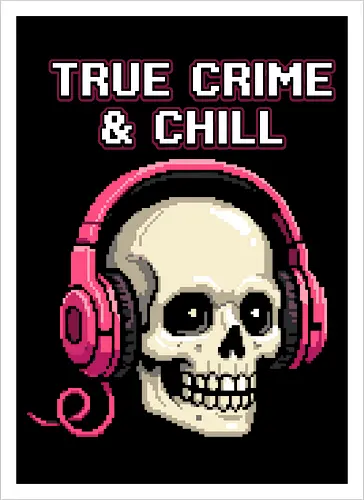 True Crime and Chill - Skull with Pink Headphones Pixel Art