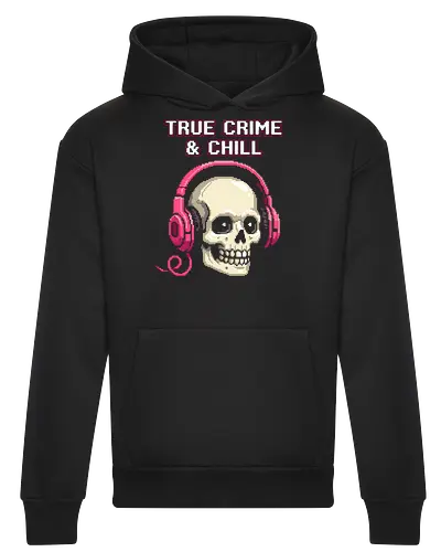 True Crime and Chill - Skull with Pink Headphones Pixel Art