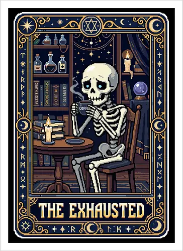 The Exhausted - Retro Skeleton Coffee Tarot Card Pixel Art