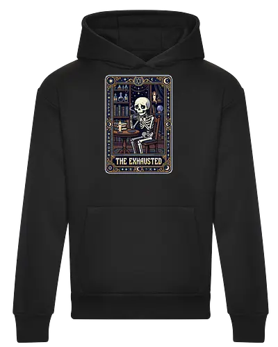 The Exhausted - Retro Skeleton Coffee Tarot Card Pixel Art