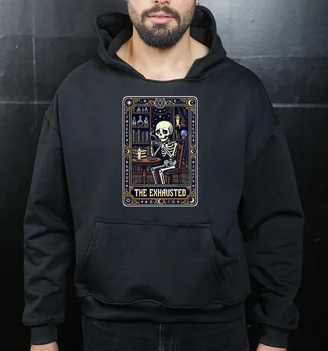 The Exhausted - Retro Skeleton Coffee Tarot Card Pixel Art