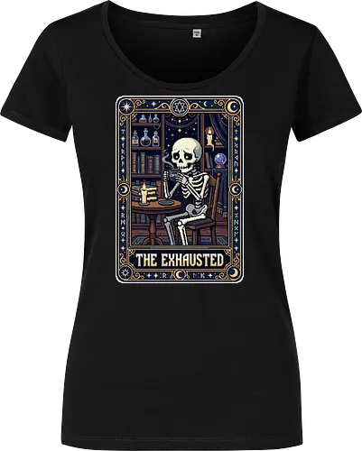 The Exhausted - Retro Skeleton Coffee Tarot Card Pixel Art