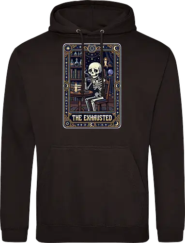 The Exhausted - Retro Skeleton Coffee Tarot Card Pixel Art