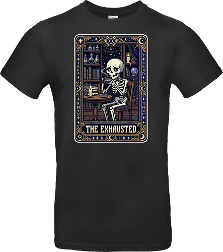 The Exhausted - Retro Skeleton Coffee Tarot Card Pixel Art