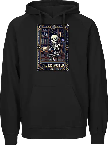 The Exhausted - Retro Skeleton Coffee Tarot Card Pixel Art
