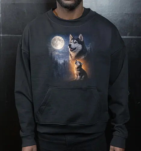 Husky Und Welpe Heulen Vollmond Nacht Wald Sternenhimmel Illustration Kunst