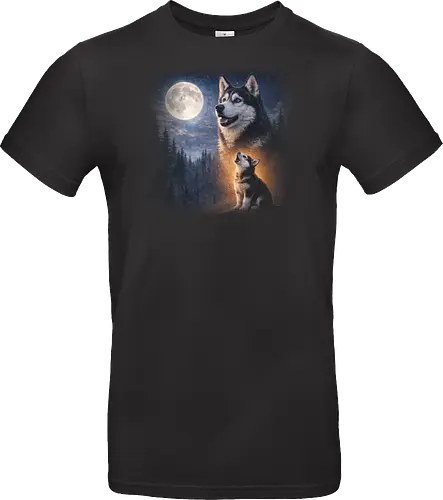 Husky Und Welpe Heulen Vollmond Nacht Wald Sternenhimmel Illustration Kunst