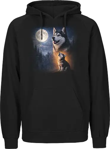 Husky Und Welpe Heulen Vollmond Nacht Wald Sternenhimmel Illustration Kunst