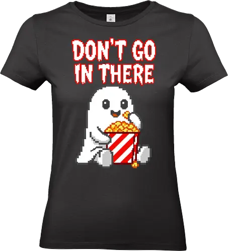 Don't Go In There - Scared Ghost Horror Movie Pixel Art - ghost, horror movie, popcorn, movie night, scary movie, don't go in there, pixel art, 8-bit, retro, Halloween, spooky, cute ghost, movie fan, horror lover, cinema, film lover, trope, funny horror, scaredy cat, creepy cute, pixelated, popcorn bucket, movie marathon, slasher fan, thriller - Standard T-Shirt (Frauen)