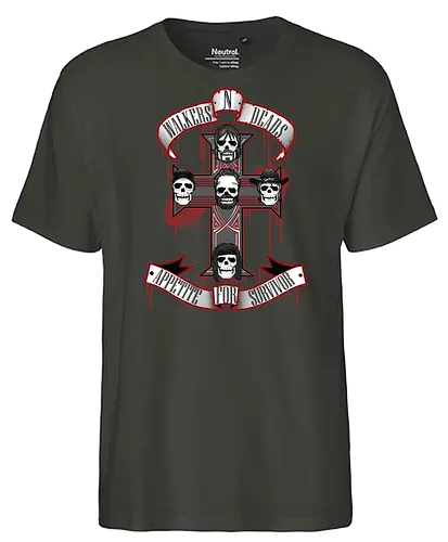 Appetite for Survivor - Zombie Rock Mashup Überlebende Kreuz Schädel Blut - Walkers N Deads Poster, Walking Dead GNR Mashup, Appetite for Survivor, Rick Grimes Daryl Dixon, Zombie Rock Mashup, Geek Poster, Popkultur Mashup, Hard Rock Zombie, TWD Mashup, alternativer Streetwear, Geek Geschenk, Schädel Rock, kinematografisches Poster, GNR Parodie, alternatives Rock Shirt - Fairtrade T-Shirt