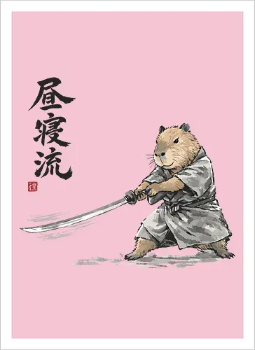 Capybara Samurai Katana Vintage Tuschezeichnung