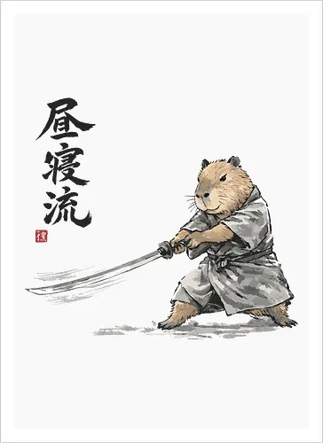 Capybara Samurai Katana Vintage Tuschezeichnung