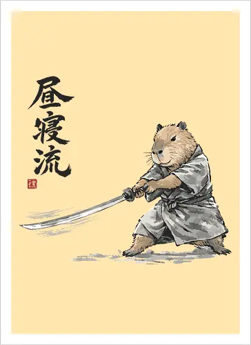 Capybara Samurai Katana Vintage Tuschezeichnung