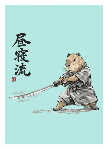 Capybara Samurai Katana Vintage Tuschezeichnung