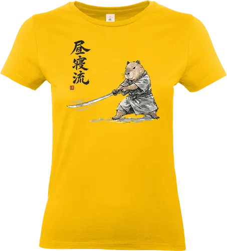 Capybara Samurai Katana Vintage Tuschezeichnung - capybara samurai, japanische tusche, sumi-e tier, capybara krieger, zen tier kunst, japanischer krieger, tusche aquarell, capybara schwert, vintage japan, tier samurai, sumi-e kunst, japanisches tier, nager samurai, katana tier - Standard T-Shirt (Frauen)