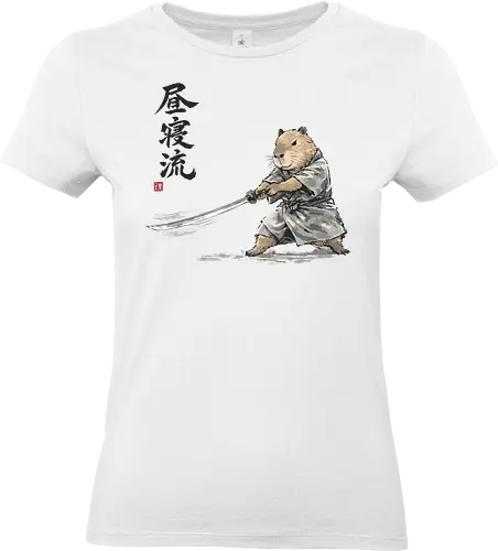 Capybara Samurai Katana Vintage Tuschezeichnung - capybara samurai, japanische tusche, sumi-e tier, capybara krieger, zen tier kunst, japanischer krieger, tusche aquarell, capybara schwert, vintage japan, tier samurai, sumi-e kunst, japanisches tier, nager samurai, katana tier - Standard T-Shirt (Frauen)