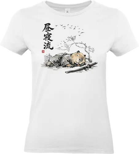 Schlafender Capybara Samurai Zen Tuschezeichnung - schlafender capybara, capybara schläft, lustiger samurai, zen schlaf, fauler samurai, entspannter krieger, capybara witzig, tier schläft, japanische kunst, sumi-e lustig, nager schläft, japan humor, capybara faul, vintage japan - Standard T-Shirt (Frauen)