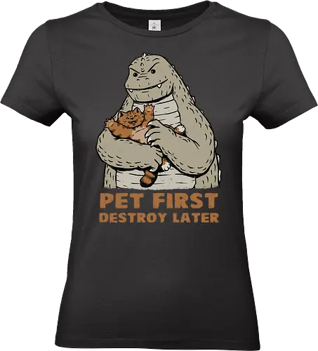 Pet Now, Destroy Later - kaiju, cute monster, kaiju neko, kawaii kaiju, cute kaiju, cute cat, kaiju cat, nekozilla, kaijuzilla, monster cat, pet first - Standard T-Shirt (Frauen)