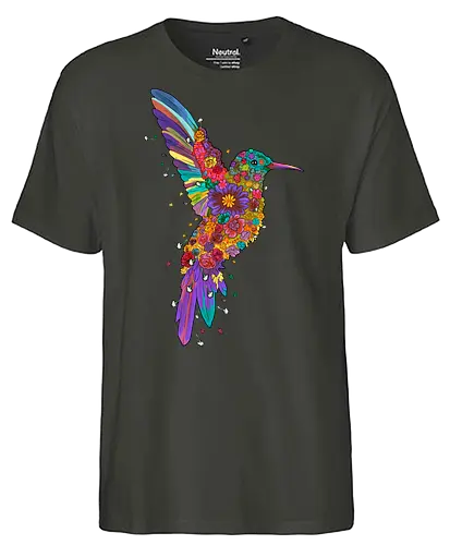 Floral Hummingbird - hummingbird, abstract, animal, bird, botanical, colorful, floral, flower, flowers, garden, geometric, hidden message, nature, pattern, wildflowers - Fairtrade T-Shirt