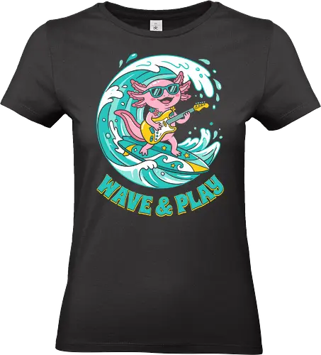 Surfing Axolotl: Wave & Play - Axolotl, surfing axolotl, guitar playing animal, wave and play, kawaii aesthetic, summer vibe apparel, beach graphic tee, cute sea creature, music and surf art, colorful animal illustration - Standard T-Shirt (Frauen)