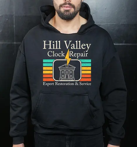 Hill Valley Clock Repair  - 80s, 90s, cult classic, cult movies, film, funny, geek, lightning, movie lover, nerd, nostalgia, retro, sci fi, time travel, vintage - Cropped Hoodie