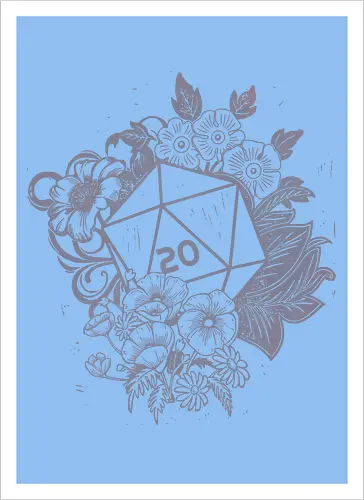 D20 Linocut - D20, Pen & Paper, Rollenspiel, Nerd, Pathfinder, Cthulu, Floral, Pen and Paper, Würfelspiele, Boardgames, Brettspiele, Fantasy, Drachen - Kunstdruck