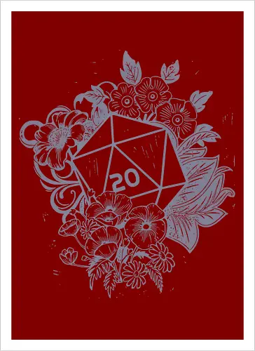 D20 Linocut - D20, Pen & Paper, Rollenspiel, Nerd, Pathfinder, Cthulu, Floral, Pen and Paper, Würfelspiele, Boardgames, Brettspiele, Fantasy, Drachen - Kunstdruck