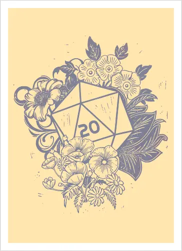 D20 Linocut - D20, Pen & Paper, Rollenspiel, Nerd, Pathfinder, Cthulu, Floral, Pen and Paper, Würfelspiele, Boardgames, Brettspiele, Fantasy, Drachen - Kunstdruck
