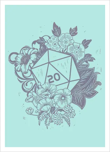 D20 Linocut - D20, Pen & Paper, Rollenspiel, Nerd, Pathfinder, Cthulu, Floral, Pen and Paper, Würfelspiele, Boardgames, Brettspiele, Fantasy, Drachen - Kunstdruck