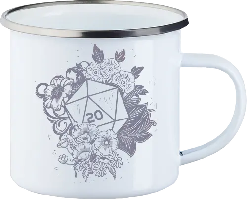 D20 Linocut - D20, Pen & Paper, Rollenspiel, Nerd, Pathfinder, Cthulu, Floral, Pen and Paper, Würfelspiele, Boardgames, Brettspiele, Fantasy, Drachen - Emailletasse