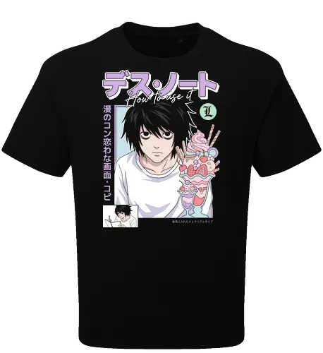 L: Sweet Justice (Death) - L Lawliet, Death, L Death Note, sweet detective, pastel anime aesthetic, anime fan art, L with sweets, Ryuzaki, vintage anime poster, soft grunge anime shirt - Oversize T-Shirt