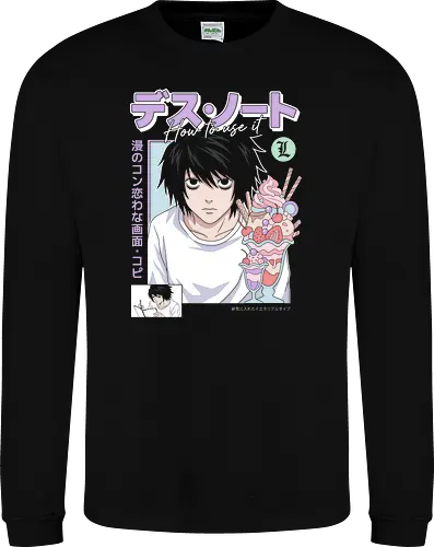 L: Sweet Justice (Death) - L Lawliet, Death, L Death Note, sweet detective, pastel anime aesthetic, anime fan art, L with sweets, Ryuzaki, vintage anime poster, soft grunge anime shirt - Sweatshirt