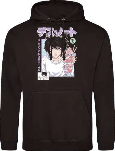 L: Sweet Justice (Death) - L Lawliet, Death, L Death Note, sweet detective, pastel anime aesthetic, anime fan art, L with sweets, Ryuzaki, vintage anime poster, soft grunge anime shirt - Standard Hoodie
