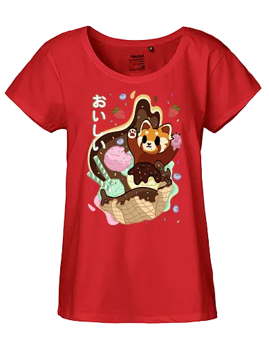 Oishii fox - fox, food, dessert, ice cream, red panda, japan, japanesse letters, cute - Fairtrade Girl Shirt