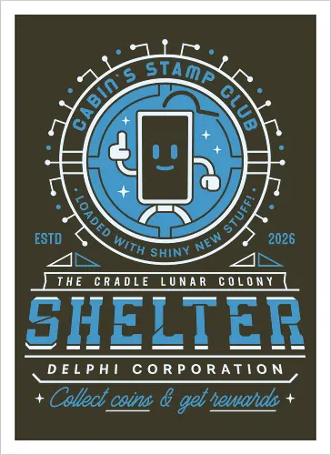 Cabin Coins Stamp Club Emblem - pragmata, diana, hugh, cabin coins, stamp, robot, space, gaming, gamer, video game, lunar, moon, astronaut, science fiction - Kunstdruck